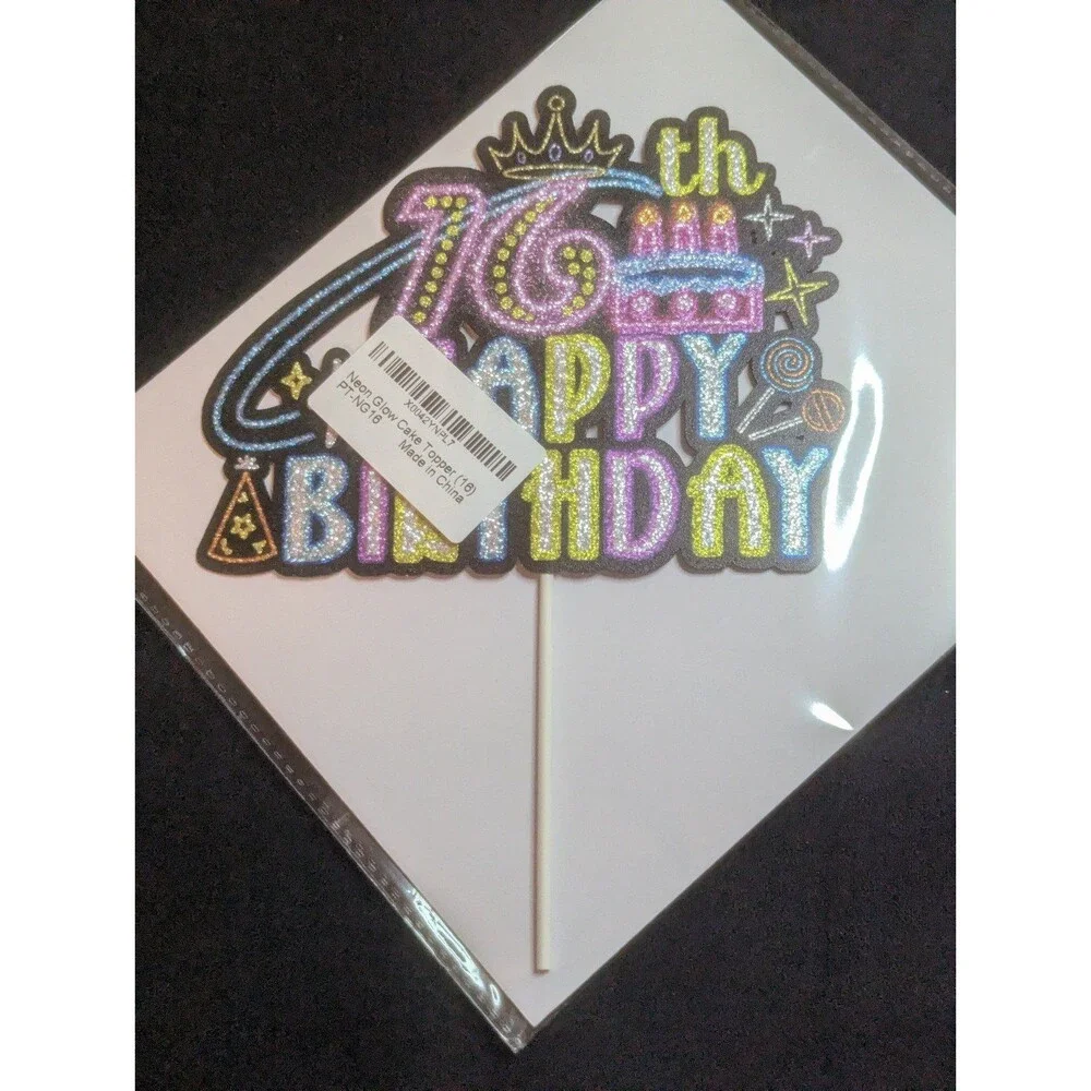 Glow Neon Happy 16th Birthday Cake Topper